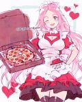  1girl ahoge apron black_dress blue_border border box cleavage_cutout clothing_cutout collared_dress commission dress food hand_on_hip heart holding holding_box layered_dress long_hair looking_at_viewer maid maid_apron numbers_(pigpenandpaper) one_eye_closed open_mouth original pink_hair pizza pizza_box pizza_hut puffy_short_sleeves puffy_sleeves red_dress shiny shiny_clothes shiny_legwear short_sleeves simple_background smile solo thick_eyebrows thigh-highs twitter_username very_long_hair white_background 