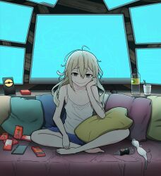  1girl ahoge barefoot blonde_hair blue_shorts blush bottle bra breasts brown_eyes collarbone computer_mouse couch crossed_legs food gunvarrel hair_between_eyes hand_on_own_cheek hand_on_own_face highres kidou_battle_gunvarrel koujiro_frau lace-trimmed_chemise lace-trimmed_collar lace_trim long_hair messy_hair monitor no_bra on_couch pillow pocky robotics;notes screen_light shorts small_breasts smile soda_bottle solo strap_pull tablet_pc takamune_mm toenails toes underwear unworn_bra white_chemise yellow_eyes 