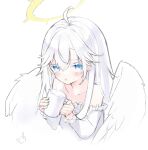  1girl ahoge angel bangs blue_eyes cup feathered_wings hair_between_eyes halo highres indie_virtual_youtuber long_hair long_sleeves mashiro_rei mug open_mouth retorillo solo virtual_youtuber white_background white_hair wings 