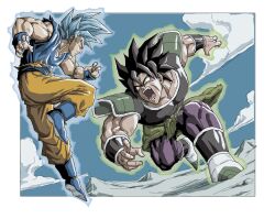  2boys armor aura battle black_armor black_hair blue_boots blue_eyes blue_hair blue_shirt boots broly_(dragon_ball_super) dragon_ball dragon_ball_super dragon_ball_super_broly male_focus multiple_boys n_(n14542698) orange_pants pants purple_pants running saiyan_armor shirt son_goku spiky_hair super_saiyan super_saiyan_blue yellow_eyes 
