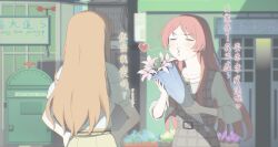  2girls bang_dream! bang_dream!_it's_mygo!!!!! blowing_kiss blush bouquet brh brown_hair chihaya_anon chinese_commentary chinese_text closed_eyes commentary_request dress grey_dress hands_on_own_hips highres holding holding_bouquet long_hair long_sleeves multiple_girls nagasaki_soyo pinafore_dress pink_hair plaid_clothes plaid_dress postbox_(outgoing_mail) shirt short_sleeves sleeveless sleeveless_dress translation_request white_shirt yuri 