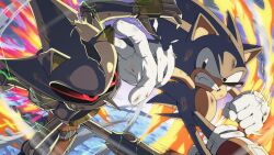  2boys animal_ears banel_springer battle black_eyes crack electricity fang fire gloves hedgehog_boy highres metal_sonic multiple_boys nose red_eyes red_shoes scratches shoes sonic_(series) sonic_the_hedgehog sonic_the_hedgehog_(classic) sonic_the_hedgehog_(ova) tail white_gloves 