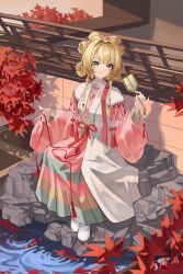  1girl absurdres autumn_leaves beads beizi_(clothing) blonde_hair bow-shaped_hair braid chinese_clothes closed_mouth double_bun full_body green_eyes hair_bun hair_ornament hand_fan hanfu highres holding holding_fan jewelry leaf long_hair long_sleeves looking_at_viewer maple_leaf official_alternate_costume reverse:1999 shuangyaji sitting smile solo sotheby sotheby_(the_red_thread_of_fate) twin_braids virtual_youtuber water wuyue_yu 