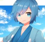  1boy bangs banned_artist blue_eyes blue_hair blue_jacket blue_kimono closed_mouth clouds collarbone commentary day falkner_(pokemon) jacket japanese_clothes kimono letterboxed male_focus open_clothes open_jacket outdoors outside_border pokemon pokemon_(game) pokemon_hgss short_hair short_sleeves sky smile solo takahara upper_body 