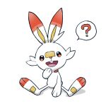  :d ? brown_eyes commentary_request full_body highres minato_(mntnm) no_humans open_mouth pokemon pokemon_(creature) scorbunny simple_background sitting smile solo spoken_question_mark teeth tongue upper_teeth white_background 