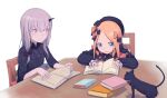  2girls abigail_williams_(fate) absurdres blonde_hair blue_eyes blush book bow cat daisi_gi fate/grand_order fate_(series) hair_bow highres lavinia_whateley_(fate) long_hair long_sleeves looking_at_another multiple_bows multiple_girls open_mouth orange_bow pink_eyes polka_dot polka_dot_bow sitting smile studying violet_eyes white_hair 