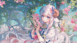  1girl absurdres animal_ears argyle_clothes argyle_vest bell blue_bow blue_eyes blue_nails blue_sky blue_vest blunt_tresses bow brown_horns check_copyright chinese_commentary clouds collar commentary_request copyright_request curled_horns detached_collar eyelashes flower frilled_sleeves frills hair_ribbon highres holding holding_flower horns light_particles lips long_hair looking_at_viewer maccha_(mochancc) multiple_girls nail_polish neck_bell original parted_lips path pavilion petals pink_bow pink_flower pink_lips pink_ribbon pink_rose puffy_short_sleeves puffy_sleeves railing ribbon rose sheep_ears sheep_girl sheep_horns shirt short_sleeves sidelocks sky solo teeth tress_ribbon upper_body vest watermark weibo_watermark white_collar white_hair white_shirt 