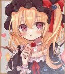  1girl alternate_costume black_flower black_headwear black_rose blonde_hair commentary_request dorowa_(drawerslove) eyebrows_visible_through_hair flandre_scarlet flower hair_between_eyes hat heart highres looking_at_viewer medium_hair mob_cap nail_polish neck_ribbon puffy_short_sleeves puffy_sleeves red_eyes red_flower red_nails red_rose ribbon rose short_sleeves side_ponytail solo touhou white_ribbon wings wrist_cuffs 