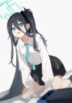  1girl absurdly_long_hair all_fours arisu_(blue_archive) black_hair blue_archive blue_eyes blue_necktie hairband halo handheld_game_console highres hua_ben_wuming long_hair looking_at_viewer necktie nintendo_switch no_jacket open_mouth school_uniform shirt solo teeth upper_teeth very_long_hair white_shirt 