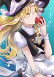  1girl absurdres apple apron back_bow black_headwear black_skirt black_vest blonde_hair blue_background bow breasts commentary_request eating food frilled_bow frills fruit hat hat_bow highres holding holding_food holding_fruit kirisame_marisa long_hair puffy_short_sleeves puffy_sleeves shi_shi96 shirt short_sleeves skirt small_breasts solo sparkle touhou turtleneck very_long_hair vest waist_apron waist_bow white_apron white_bow white_shirt witch witch_hat wrist_cuffs yellow_eyes 