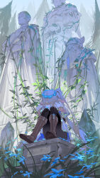  1girl absurdres bird black_pantyhose blue_flower boots brown_boots capelet chinese_commentary commentary crossed_arms eisen_(sousou_no_frieren) elf flower forest frieren grey_hair head_rest head_wreath heiter highres himmel_(sousou_no_frieren) knees_up long_hair nature omurice_(304975636) outdoors overgrown pantyhose parted_bangs pedestal pigeon plant pointy_ears shirt sitting solo sousou_no_frieren statue tree twintails vines white_bird white_capelet white_shirt 