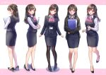  5girls :d amagi_shino artist_name black_skirt blazer blush brown_hair commentary_request formal hair_ornament happy high_heels highres jacket long_hair looking_at_viewer multiple_girls multiple_persona office_lady open_mouth original pantyhose receptionist_girl_(amagi_shino) shirt signature skirt smile standing translation_request white_background white_shirt 