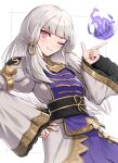  1girl ;) bangs black_sash blunt_bangs breasts closed_mouth dress fire_emblem fire_emblem:_three_houses fire_emblem_warriors:_three_hopes gold_trim gonzarez hair_ornament hair_tie hand_on_hip highres juliet_sleeves long_hair long_sleeves looking_at_viewer lysithea_von_ordelia magic obi official_alternate_costume one_eye_closed pink_eyes puffy_sleeves purple_dress sash simple_background sleeves_past_wrists small_breasts smile solo two-tone_dress upper_body white_background white_dress white_hair 
