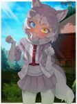  1girl animal_ears barn baseball blue_eyes blush commentary_request cowboy_shot dog_(mixed_breed)_(kemono_friends) dog_ears dog_girl dog_tail elbow_gloves eyebrows_visible_through_hair gloves grey_hair grey_jacket grey_skirt harness heterochromia highres jacket kedama_(ughugjydthjdf) kemono_friends multicolored_clothes multicolored_hair multicolored_jacket open_clothes open_jacket pantyhose paw_pose pleated_skirt scarf shirt short_hair short_sleeves skirt solo sweater tail two-tone_hair two-tone_jacket white_gloves white_hair white_jacket white_legwear white_scarf white_shirt white_sweater yellow_eyes 