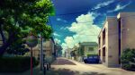  blue_sky building car clouds commentary_request cumulonimbus_cloud ground_vehicle highres house mituura motor_vehicle no_humans original power_lines road scenery shadow sky street summer traffic_mirror tree utility_pole 