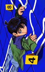  1boy absurdres black_hair blood blood_on_face blue_eyes chalk_outline crime_scene edogawa_conan evidence_markers highres looking_at_viewer lying male_focus meitantei_conan on_stomach oversized_clothes segami short_hair sideways solo 