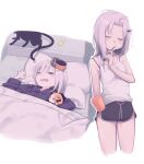  2girls absurdres alarm_clock bangs blush breasts brushing_teeth clock closed_eyes daisi_gi detached_sleeves fate/grand_order fate_(series) halloween highres horns lavinia_whateley_(fate) long_hair long_sleeves multiple_girls short_shorts shorts single_horn sleeping sleepy small_breasts stuffed_toy white_hair 