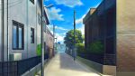  blue_sky building bush clouds commentary_request fence house industrial_pipe mituura no_humans original power_lines road scenery shadow sky street summer tree utility_pole 