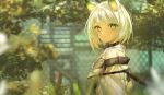  1girl animal_ear_fluff animal_ears arknights asymmetrical_hair blurry blurry_background blurry_foreground blush cat_ears closed_mouth coat collar commentary depth_of_field fence from_side frown gabriellel9700 green_eyes highres kal&#039;tsit_(arknights) looking_at_viewer looking_to_the_side medium_hair off_shoulder outdoors plant see-through_silhouette solo upper_body white_coat white_hair 