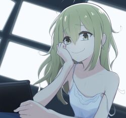  1girl ahoge blonde_hair breasts brown_eyes hair_between_eyes hand_on_own_cheek hand_on_own_face highres holding holding_tablet_pc indoors koujiro_frau lace-trimmed_chemise lace-trimmed_collar lace_trim looking_at_object messy_hair monitor naughty_face no_bra robotics;notes screen_light small_breasts smile solo strap_pull strap_slip tablet_pc takamune_mm wavy_mouth white_chemise yellow_eyes 