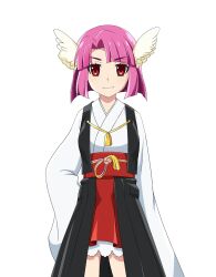  1girl asymmetrical_bangs black_haori closed_mouth cowboy_shot hakama hakama_skirt hand_on_own_hip haori head_wings higurashi_no_naku_koro_ni higurashi_no_naku_koro_ni_mei japanese_clothes kimono long_sleeves mini_wings nontraditional_miko official_art pink_hair red_eyes red_hakama short_hair simple_background skirt smile solo standing tachi-e tamurahime_no_mikoto transparent_background white_kimono white_wings wings 