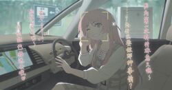  1girl bang_dream! bang_dream!_it's_mygo!!!!! brh chihaya_anon chinese_commentary chinese_text clenched_teeth commentary_request dress facial_recognition fang grey_dress grey_eyes highres jewelry long_hair long_sleeves necklace pinafore_dress pink_hair shirt sitting sleeveless sleeveless_dress solo steering_wheel teeth translation_request v white_shirt 