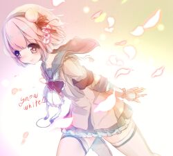  1girl clip_studio_paint_(medium) fingerless_gloves gloves hair_ornament hairband magical_girl mahou_shoujo_ikusei_keikaku miniskirt petals pink_hair school_uniform short_hair skirt smile snow_white_(mahoiku) thigh-highs white_thighhighs yumimu2162 