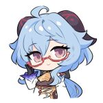  1girl :&gt; ahoge bell blue_hair chibi detached_sleeves eyebrows_visible_through_hair ganyu_(genshin_impact) genshin_impact glasses horns looking_at_viewer lowres minoa_(lastswallow) neck_bell solo upper_body violet_eyes white_background white_sleeves 