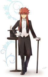  1boy alternate_costume aquarius_camus bishounen black_hat black_jacket black_pants bow cane formal_clothes from_hat_trick full_body gloves hand_on_own_hip hat holding holding_cane jacket long_hair long_sleeves magician male_focus mizuhara_aki pants red_eyes red_hair saint_seiya scorpion scorpion_tail smile solo standing table tail top_hat unworn_hat unworn_headwear vest white_bow white_gloves white_vest 