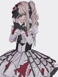  1other akiyama_mizuki black_blindfold blindfold dress hair_ornament hands_on_own_face highres keikyoku_no_machi_wa_doko_e_(project_sekai) long_hair looking_at_viewer other_focus pink_hair project_sekai red_eyes side_ponytail simple_background solo w6k_k white_background white_dress 