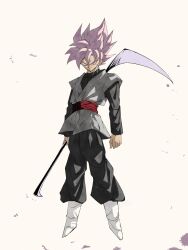  1boy black_pants black_shirt boots chips_(food) dougi dragon_ball dragon_ball_super earrings food full_body goku_black grey_background grey_eyes grey_tunic highres holding holding_scythe jewelry male_focus medium_hair pants pato007711 pink_hair potato_chips red_sash sash scythe shirt simple_background single_earring smirk solo spiky_hair tunic white_boots 