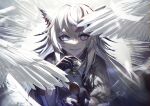  1girl animal_ears arknights bangs black_coat black_gloves blue_eyes bright_pupils coat coin fur_trim glint gloves grin holding holding_coin holding_pocket_watch jewelry lappland_(arknights) lappland_(refined_horrormare)_(arknights) long_hair looking_at_viewer necklace official_alternate_costume open_clothes open_coat parted_lips pocket_watch scar scar_across_eye scar_on_face sharp_teeth skull_necklace smile solo teeth upper_body very_long_hair watch white_hair wings wolf_ears youyouyou_1211 
