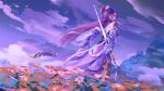  1girl absurdres back beads bug butterfly clouds field flower flower_field from_below hair_bun hair_ornament highres jewelry purple_hair qin_shi_ming_yue reverse_grip sky solo sword upper_body weapon yu_zi_cheng_shi zi_nu_(qin_shi_ming_yue) 