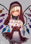  1girl :d blonde_hair blurry blush brooch chisiro_unya_(unya_draw) cowboy_shot crystal dated fang flandre_scarlet frilled_sleeves frills garter_straps grey_background habit head_tilt jewelry light_particles looking_at_viewer nail_polish own_hands_together praying red_eyes red_headwear side_ponytail signature simple_background smile smug solo touhou two-tone_dress wings wrist_cuffs 