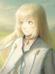  1girl blonde_hair blue_eyes clouds cloudy_sky colette_brunel grass highres jewelry kazuko_(towa) long_hair looking_to_the_side necklace sky smile tales_of_(series) tales_of_symphonia tree white_robe 