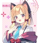  1girl blonde_hair blue_archive blush bow cat_ear_headphones character_name halo hand_on_own_chest headphones highres jacket looking_at_viewer momoi_(blue_archive) off_shoulder pink_eyes red_bow school_uniform shirt smile solo white_shirt zoirun 