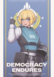  1girl absurdres ammunition_pouch armor belt belt_pouch black_gloves blonde_hair bulletproof_vest freckles gloves goggles goggles_on_headwear helldivers_(series) helmet highres localspaghetto looking_at_viewer military_uniform poster_(medium) pouch salute seaf_soldier_(helldivers) smile solo super_earth_salute_(helldivers) 