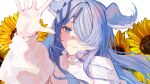  1girl absurdres bangs blue_hair elira_pendora eyebrows_visible_through_hair eyelashes flower hand_up head_wings highres lips long_hair naokomama nijisanji nijisanji_en one_eye_covered smile solo sunflower sunlight sweater virtual_youtuber white_background white_sweater wind 