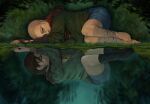 2girls bald bandages barefoot black_socks blue_skirt brown_hair changeling clara_(pathologic) fingerless_gloves grass green_jacket hooks laying_down leaves magicky-hands on_grass on_ground on_side pathologic pathologic_2 red_shawl reflection reflective_water symmetry torn_clothes torn_gloves twins water