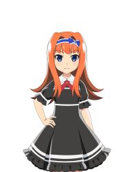  1girl arm_at_side black_dress blue_bow blue_eyes blue_hairband bow bow_hairband closed_mouth cowboy_shot cross_tie dress frilled_dress frills hair_intakes hairband hand_on_own_hip higurashi_no_naku_koro_ni higurashi_no_naku_koro_ni_mei houtani_nao long_hair necktie official_art orange_hair short_sleeves simple_background smile solo standing tachi-e transparent_background 