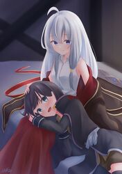  2girls absurdres aqua_eyes bed black_hair elaina_(majo_no_tabitabi) grey_hair hand_on_another&#039;s_head highres kagami16181 long_hair looking_at_another majo_no_tabitabi multiple_girls saya_(majo_no_tabitabi) short_hair violet_eyes yuri 