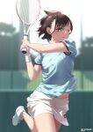  1girl blue_shirt blurry blurry_background brown_eyes brown_hair closed_mouth commentary_request eyebrows_visible_through_hair holding holding_racket jonsun one_eye_closed original outdoors racket shirt shoes short_sleeves shorts sneakers sportswear tennis_racket tennis_uniform twintails white_footwear white_shorts 