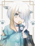  1boy :3 animal_ear_fluff animal_ears bangs blonde_hair blue_eyes cat_ears cherry_blossom_print choker dango dango_hair_ornament ears_down eating fang floral_print food food-themed_hair_ornament hair_ornament hair_over_one_eye highres holding holding_food japanese_clothes kimono kitsunemiyoru long_sleeves low_ponytail male_focus medium_hair multicolored_hair multicolored_nails nail_polish open_mouth original otoko_no_ko parted_bangs paw_print pink_hair sanshoku_dango skin_fang solo thick_eyebrows two-tone_hair wagashi wide_sleeves 