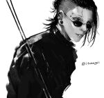  1boy closed_mouth colored_sclera ear_piercing earrings grey_background greyscale highres jewelry lip_piercing looking_at_viewer male_focus monochrome piercing simple_background solo sunglasses tokyo_ghoul twitter_username upper_body user_hakd4743 uta_(tokyo_ghoul) 