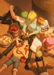  1girl 5boys apple apple_slice black_hair blonde_hair book food friends from_above fruit furry furry_male green_hair highres holding holding_food holding_fruit lying monkey_d._luffy multiple_boys nami_(one_piece) on_back on_stomach one_piece orange_hair roronoa_zoro sanji_(one_piece) ship_deck sitting sleeping tony_tony_chopper usopp xx_xx_art 