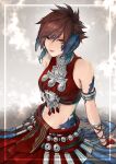  1girl absurdres arm_support armlet au_ra avatar_(ff14) bangs black_horns breasts brown_eyes brown_hair cam_(cammero95713700) dragon_horns dragon_tail feather_hair_ornament feathers final_fantasy final_fantasy_xiv hair_ornament highres horns jewelry looking_at_viewer medium_breasts midriff ring scales short_hair sitting sleeveless tail 