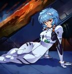  1girl arm_support ayanami_rei blue_hair breasts closed_mouth highres looking_at_viewer medium_breasts neon_genesis_evangelion optionaltypo plugsuit red_eyes short_hair sitting solo 