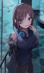  1girl :d aquarium arms_behind_back bird black_jacket black_legwear blue_eyes blue_sweater blush breasts brown_hair casual collarbone commentary_request eyebrows_visible_through_hair eyes_visible_through_hair go-toubun_no_hanayome headphones headphones_around_neck highres jacket large_breasts long_hair looking_at_viewer nakano_miku nel_dcm open_clothes open_jacket open_mouth pantyhose penguin sidelocks sleeveless sleeveless_sweater smile solo sweater 