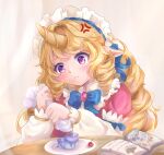  1girl :&lt; anger_vein artist_name bangs blonde_hair blue_bow blue_bowtie blush book bow bowtie cafe_cuties_soraka detached_sleeves food gem grey_background highres holding horns kureko0w0 league_of_legends long_sleeves maid maid_headdress open_book pink_eyes pointy_ears single_horn solo soraka_(league_of_legends) table translation_request upper_body 