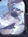  aircraft airplane airplane_interior arc_draws black_eyes closed_mouth clouds commentary_request day fang flying highres lugia no_humans outdoors pokemon pokemon_(creature) signature skin_fang solo 